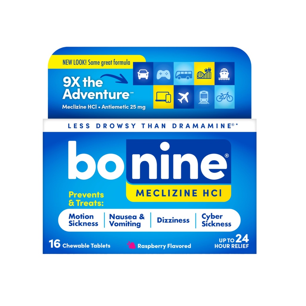 Bonine Non-Drowsy per Motion Sickness Relief, Malattia del mare, Malattia dell'automobile, Nausea, & Vomiting - Meclizine HCI 25mg, Travel-Sized - 16ct Raspberry Chewable Tablets (Packaging May Vary)