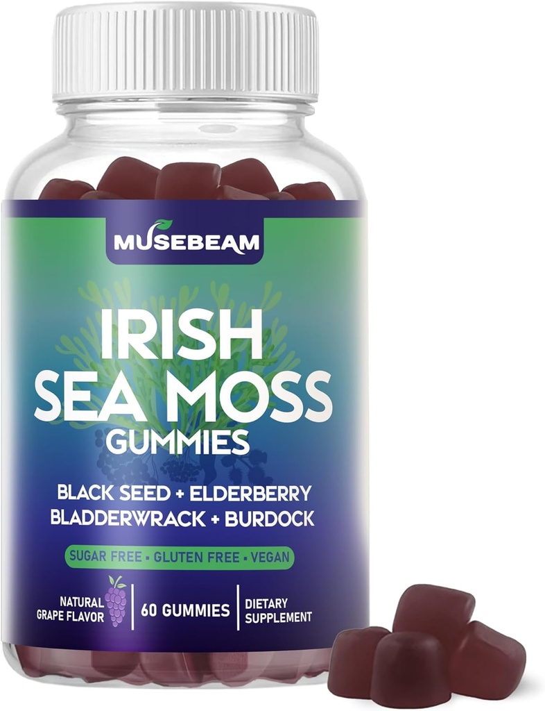 Irish Sea Moss Gummies - con Black Seed Elderberry Bladderwrack Burdock Turmeric Omega-3 Vitamine C D3 Zinc - Integratori Seamoss per Adulti Donne Uomini - Gluten senza zucchero Vegan