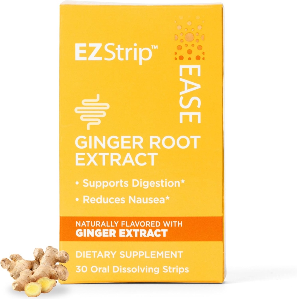 Ease Supplement - Ginger Flavor, 30 Count - Strisce dissolvente con Ginger Root Aiuto Supporto Nausea Relief, Mattina e Motion Sickness, and Digestion - Made in the USA, Sugar and Gluten-Free