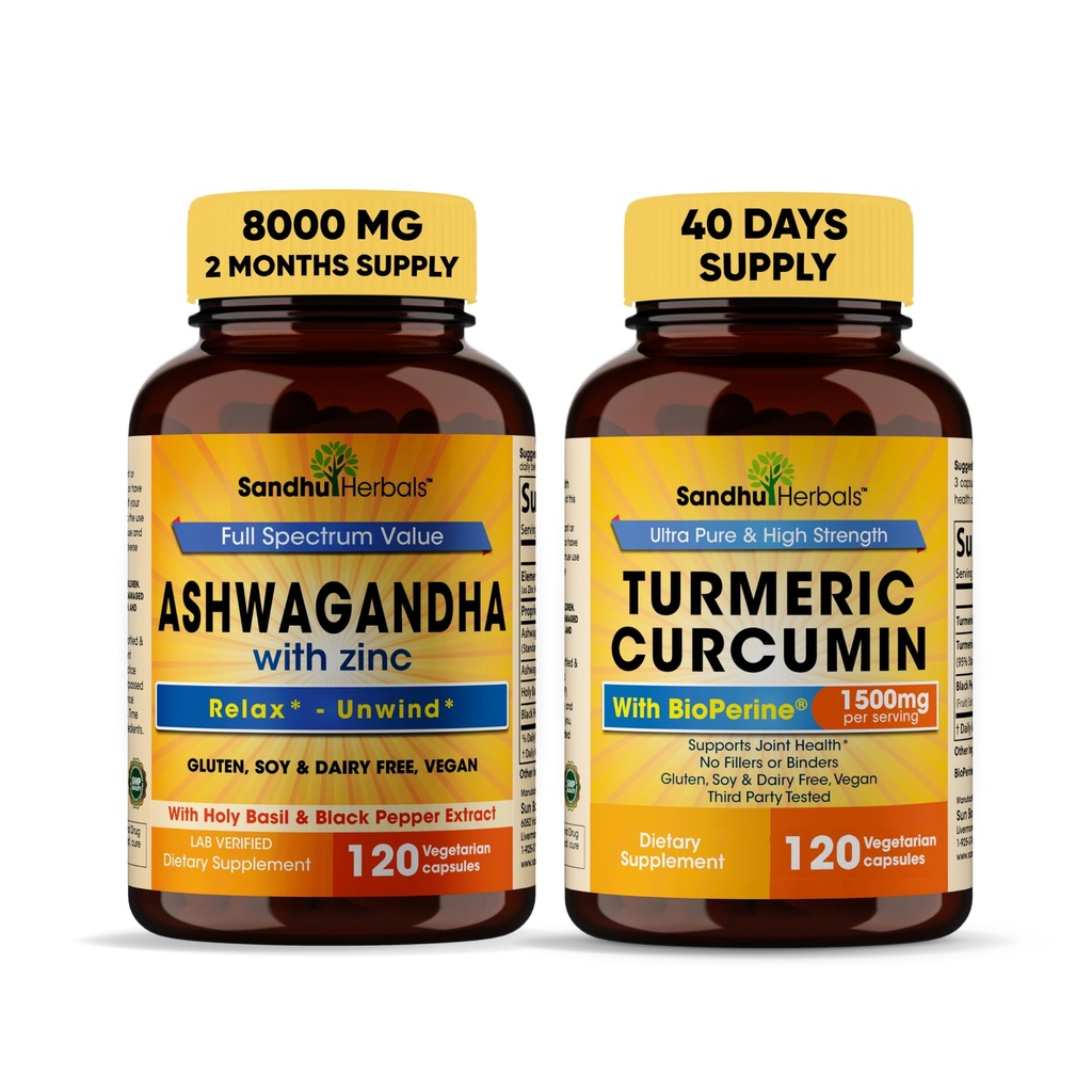 Sandhu Herbals Organic 4in1 Ashwagandha w/Zinc & Organic curcumin curcumin curcumin w/Bioperine Black Pepper Extract| Supporta il sistema immunitario