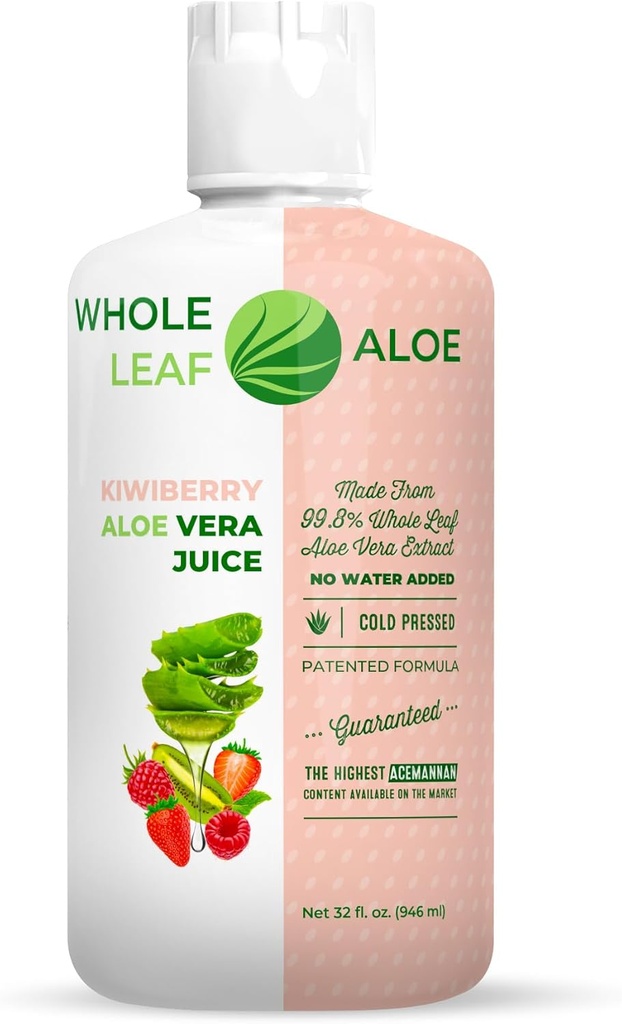 Sbloccare il potere di tutta la foglia Aloe Vera - Infuso con il gusto delizioso di Kiwi Berry. La nostra formula brevettata Boasts La concentrazione più alta Acemannan Disponibile, Garantito. No Acqua Aggiunto.