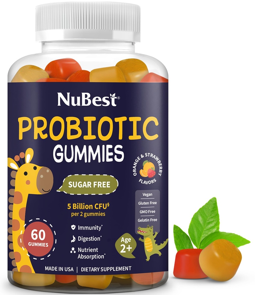 NuBest Daily Probiotic Gummies for Kids & Teens con 5 miliardi di CFU | Supporti Immune, Gut e Salute Digestiva | Non Aggiunto Zucchero | Yummy Strawberry & Orange Flavors | 60 Premium Vegan Gummies