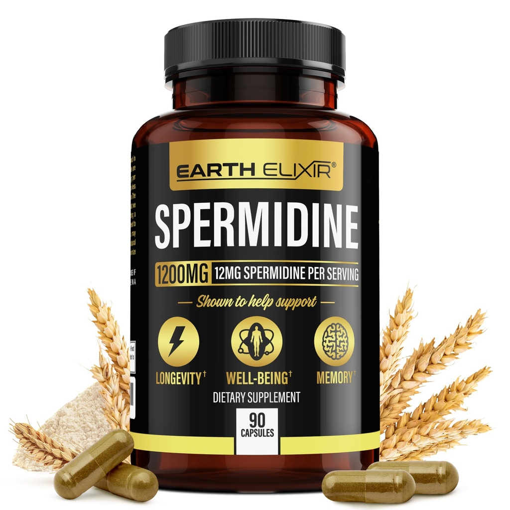 Terra Elixir Spermidine Integratori 1200mg (90 capsule) – Anti Aging - 3° Partito Testato (12mg Spermidina Polvere) Max Purità - 100% puro Espermidina- Fermented Wheat Germ Extract - NMN Alternativa