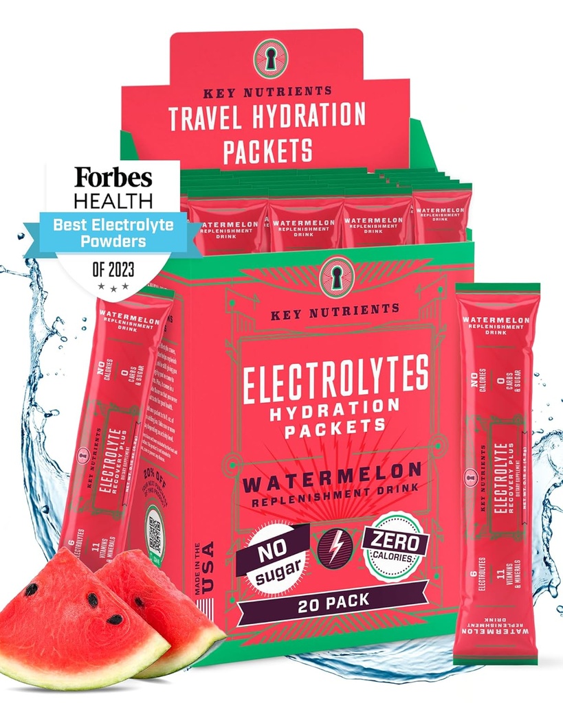 KEY NUTRIENTs Electrolytes Powder Packets - Refreshing Watermelon 20 Pack Hydration Packets - Travel Hydration Powder - No Sugar, No Calories, Gluten Free - Made in Italy