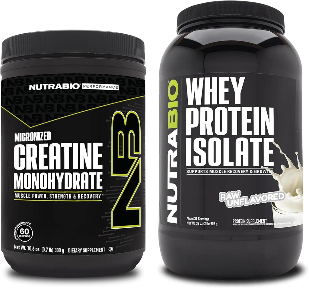 NutraBio Creatina Monoidrato, Unflavored, 300g e Whey Protein Isolate, Unflavored, Supplement Bundle - Muscle Energy, Lean Muscle Growth, Recovery, and Strength