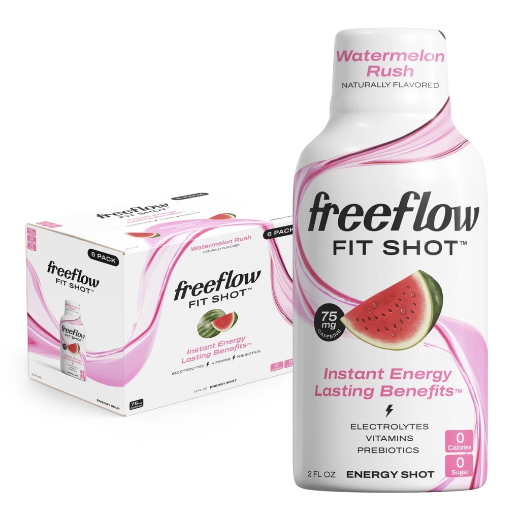 Freeflow Fit Energy Shots, Watermelon Rush, Natural Caffeine Boost con L-teanina, Ginseng, Vitamine, Prebiotici, Elettroliti (6 Conte, 2oz Shots)