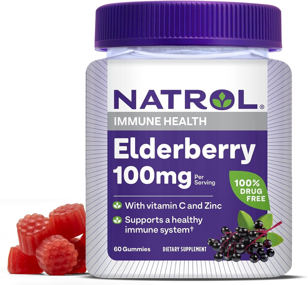 Natrol Elderberry 100mg Gummies per l'assistenza sanitaria immunitaria, 60 Gummies a base di bacche, 30 giorni di alimentazione