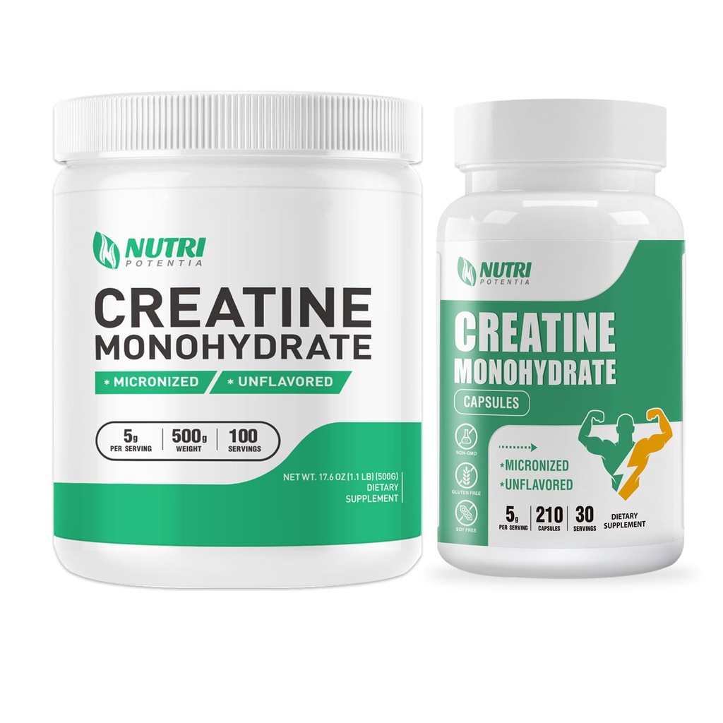 Creatina monoidrato polvere 500 Grammi & capsule di creatina, integratori di creatina micronized puri per costruzione del muscolo, pre & post allenamento creatina polvere, non OGM, non aromaed