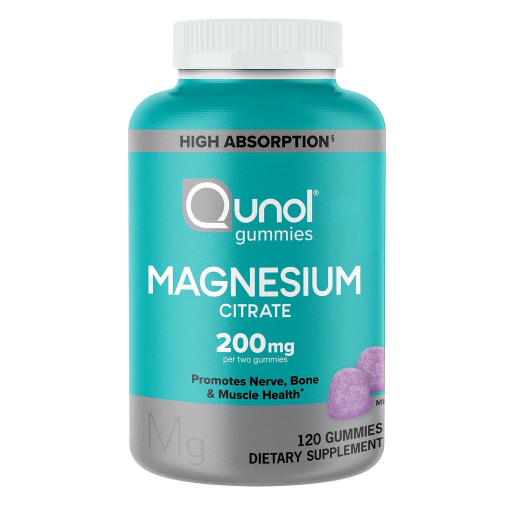 Gummie di Magnesio Qunol per adulti, 200 mg Magnesio Elementale (da 1.750 mg Citrato di Magnesio), Supplemento di Magnesio ad alto assorbimento, Supporta la nervatura, Salute di ossa e muscoli, Vegetariano, 120 Conte