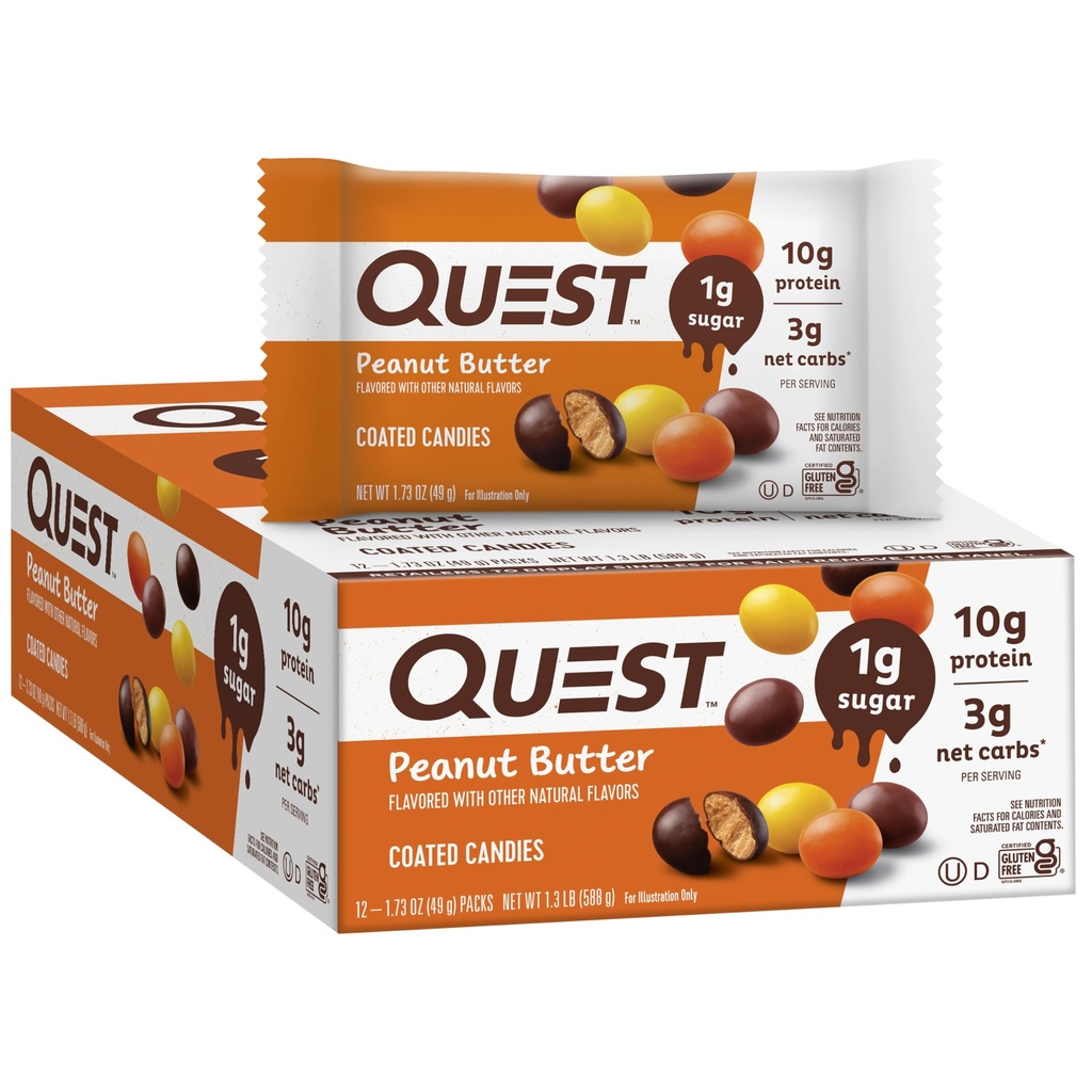 Quest Nutrition Coated Candies, Burro di arachidi, 1g Zucchero, 10g Protein, 4g Carbs Net, Gluten Free, Keto Friendly, 12 Conte