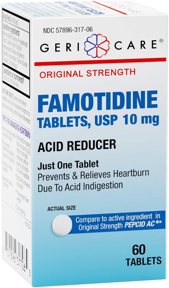 GeriCare regolare resistenza Famotidina 10mg compresse, Riduttore di acido, Rilievo per bruciore di stomaco, Riflusso acido e indigestione acida, 60 conteggio (pacchetto di 1)