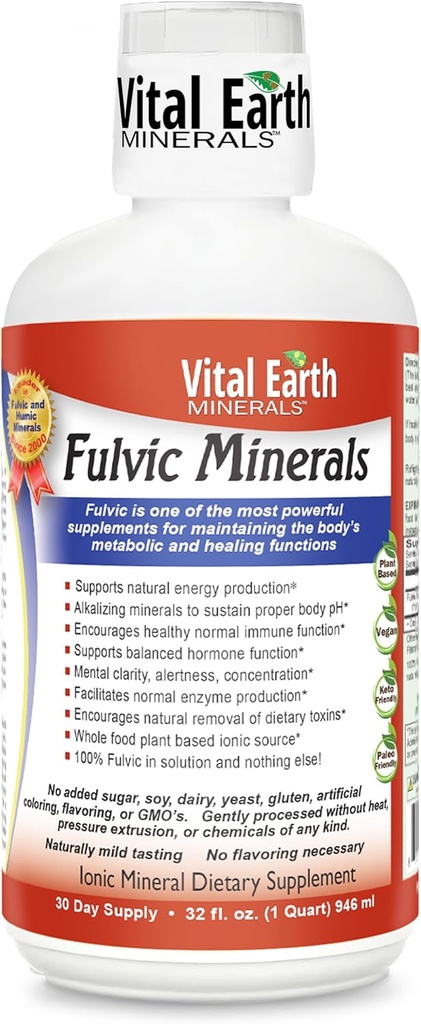 Minerali di Terra Vitali Liquidi Minerali Fulvici – Supplemento di Acido Fulvico con 70+ Minerali di Trace, Elettroliti per Energia & Vitalità, 32 Oz + 1 Oz Cup