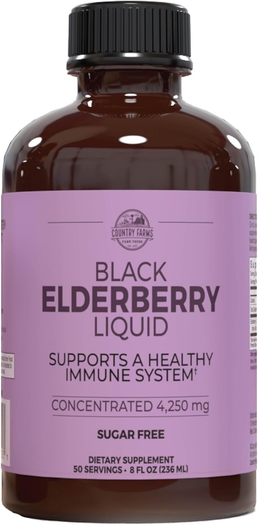 Country Farms Elderberry Liquid, Supports A Healthy Immune System, Rich in Antiossidanti, Sugar Free, Berry Flavor, 8 Fl Oz