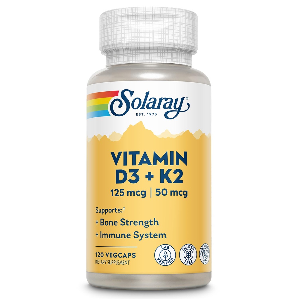 SOLARAY Vitamin D3 K2 - Integratore di supporto per la salute e l'immunità - Con 5000 IU Vitamin D come Vit D3 e 50 mcg Vitamina K2 come Menoquinone MK7, Fatto Senza Soia, Garanzia di 60 giorni, 120 Serv, 120 VegCaps