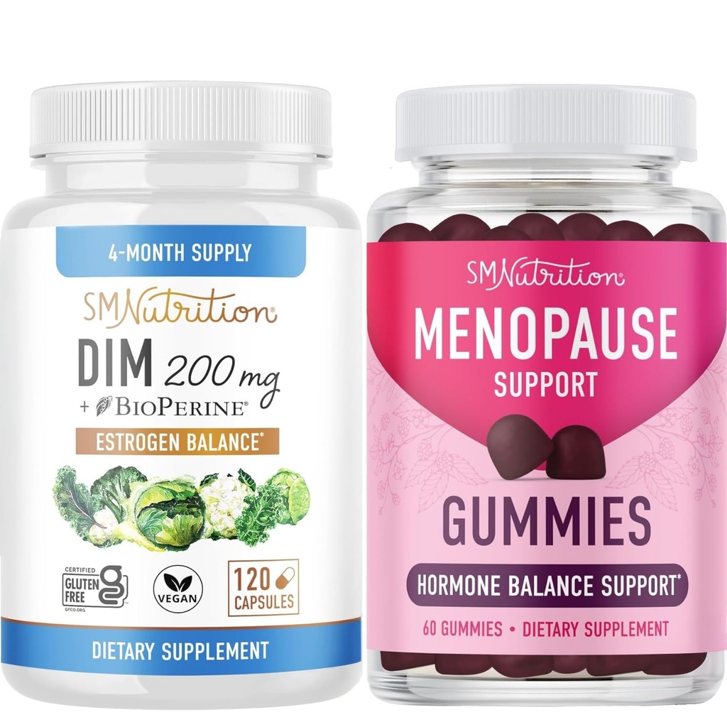 Menopause Support Gummies Plus 200mg DIM Supplemento per l'equilibrio di estrogeno potenziato per le donne | Gluten vegetariano senza glutine equilibri di ormone (30 Serve) & Diindolylmethane capsule (120 Serve)