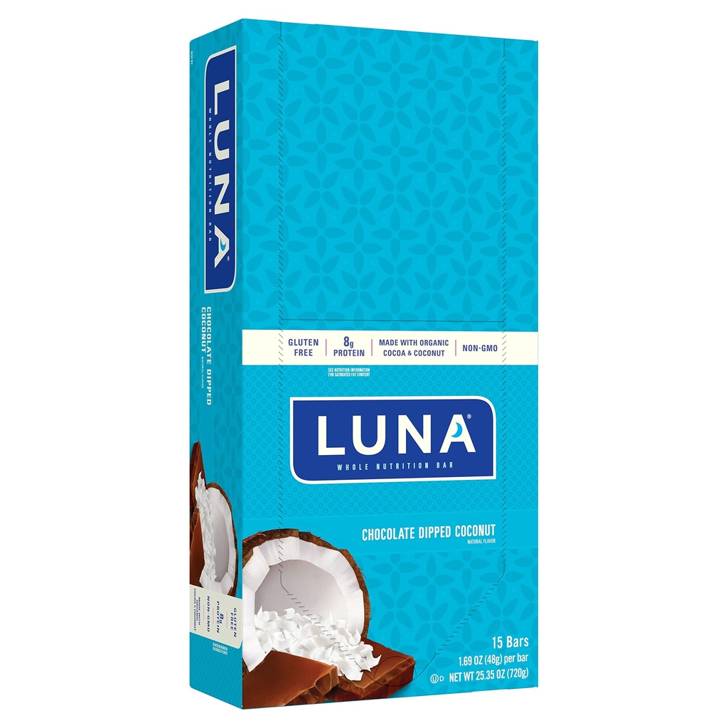 LUNA BAR - Gluten Free Snack Bars - Chocolate Dipped Coconut Flavor -8g di proteine - Non-OGM - Spuntino Wholesome Plant-Based - Su Go Snacks (1.69 Ounce Snack Bars, 15 Conte)