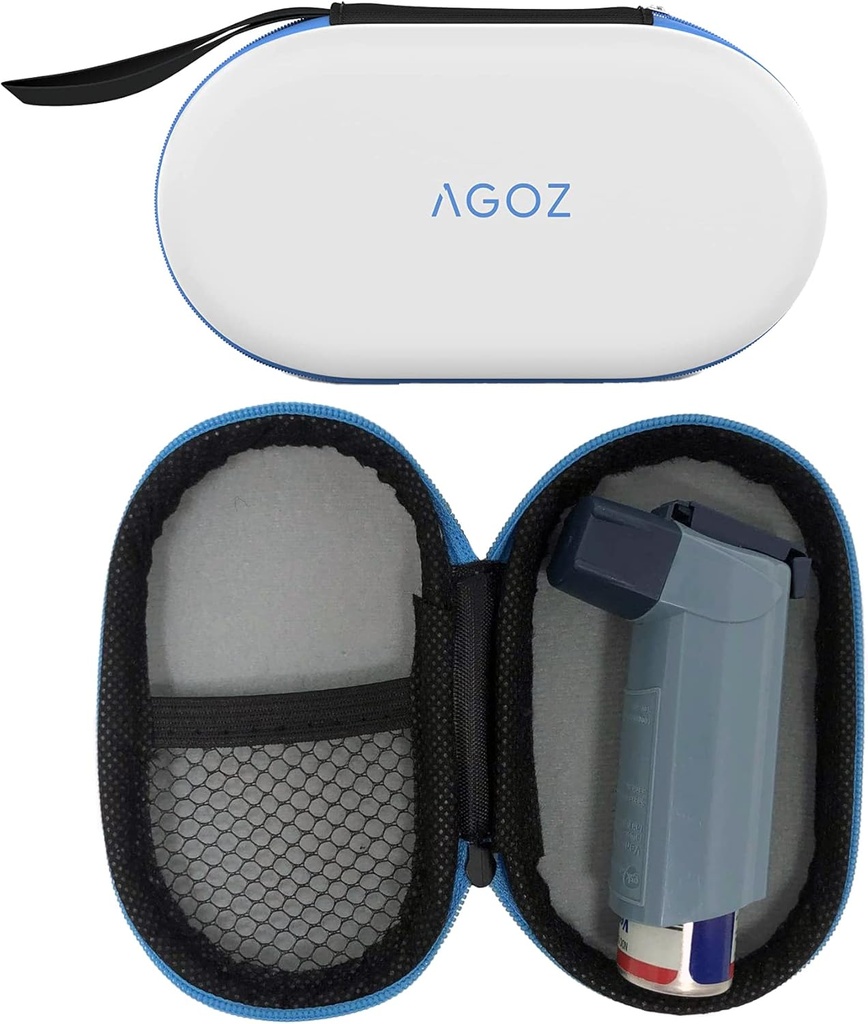 AGOZ Asthma Inhaler Medicina Borsa da viaggio per bambini e adulti - Custodia protettiva per custodia medica con chiusura a cerniera e cinturino da polso (bianco)