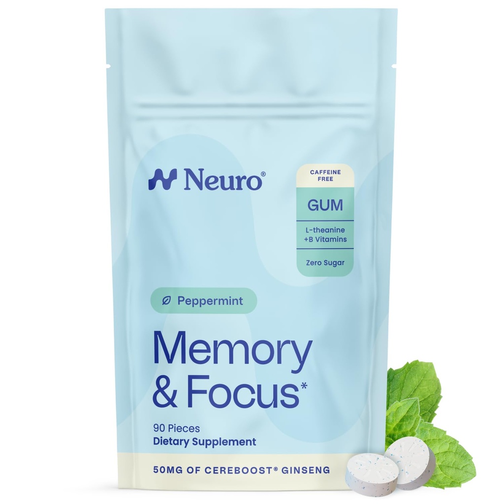 Neuro Memory & Focus Gum - Nootropic Gum con vitamina B12, vitamina B6, L-teanina & Ginseng Extract - Integratore di supporto del cervello naturale - Vegan, Caffeina & Sugar Free Chews - Menta piperita, 90 ct