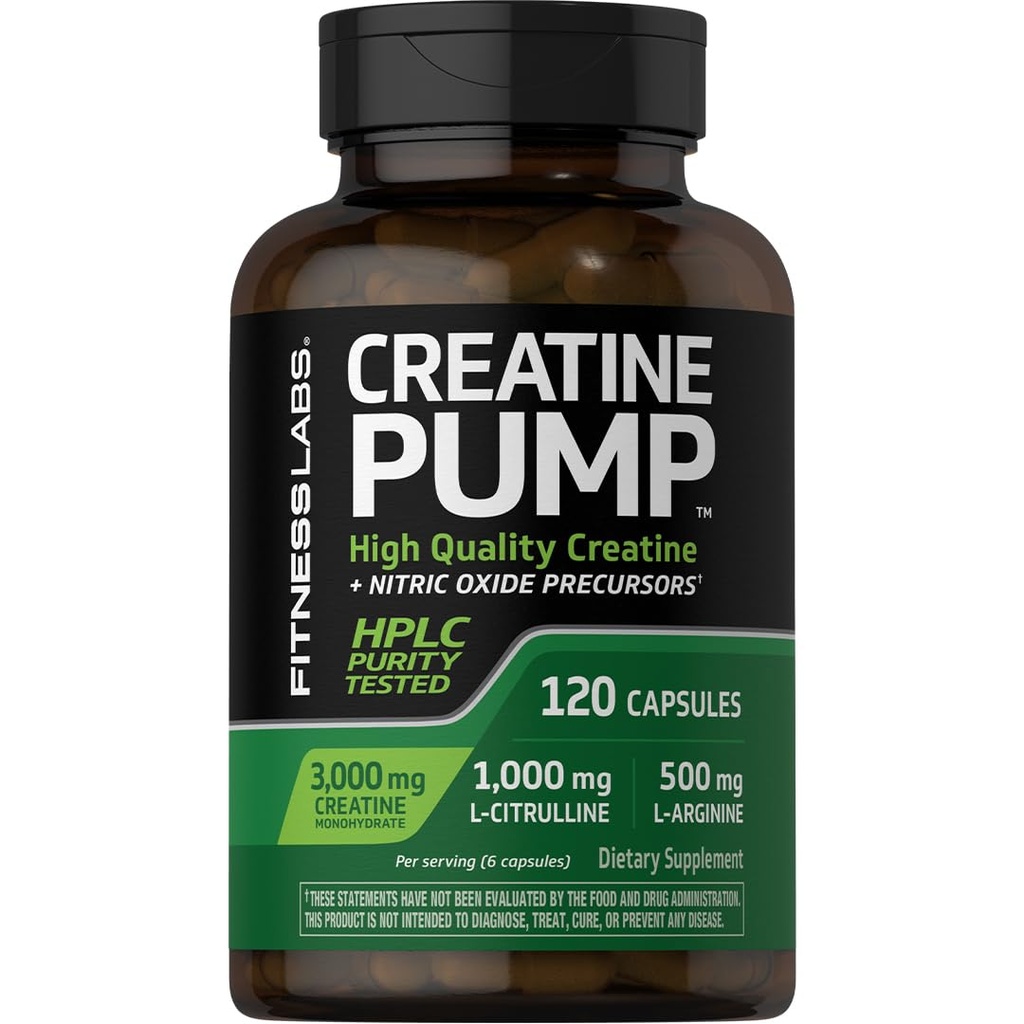 Capsule di creatina di laboratori di fitness | 120 Count | 3000mg | Monoidrato di creatina tedesca | Creapure | Supplemento pompa | Plus Nitric Oxide Precursor | HPLC Testato | Non OGM