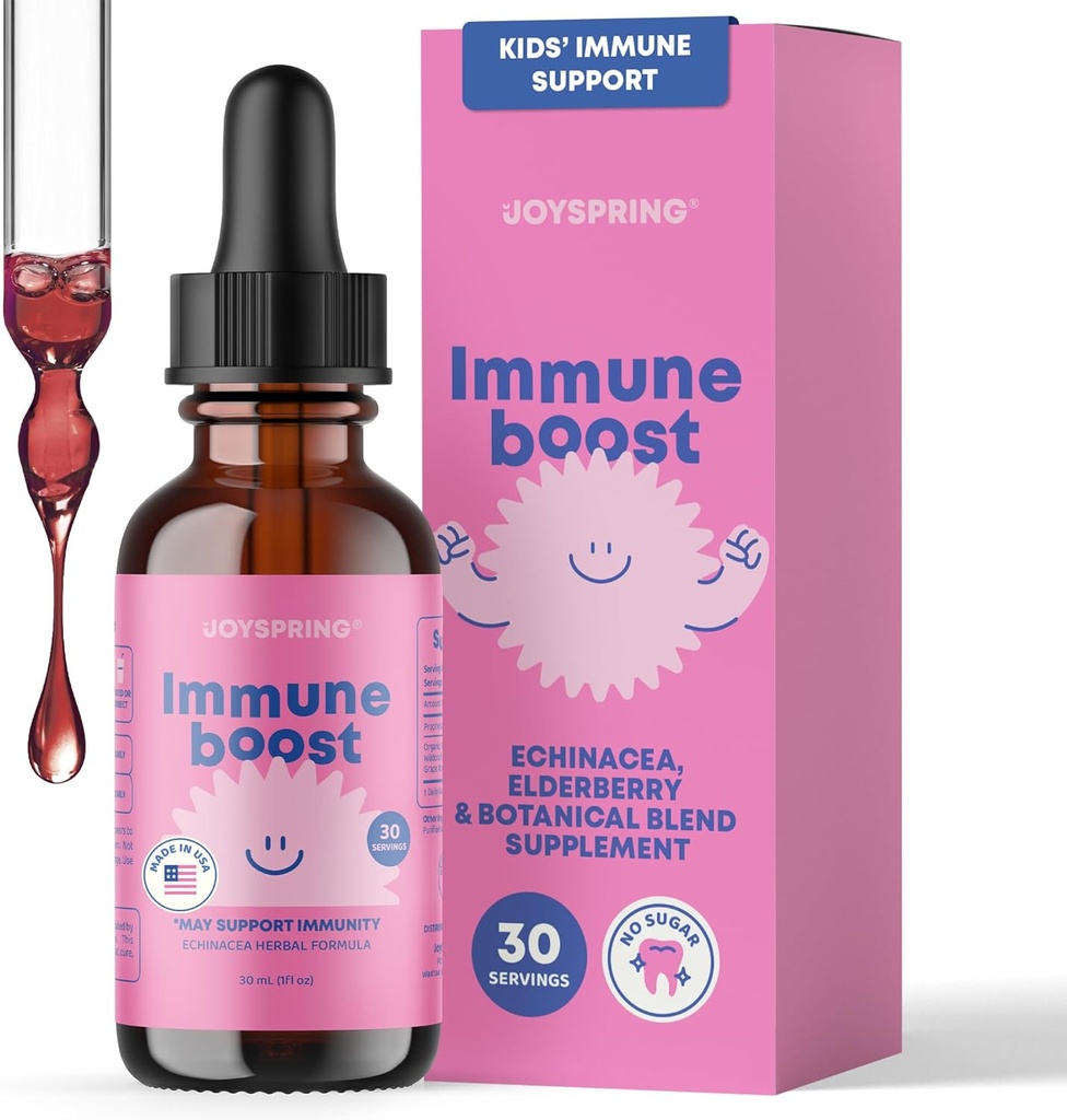 JoySpring Gocce Immune - Integratore di Supporto per Immunità per Bambini (1 fl oz, 30 Serve) con Liquido di Samburo Organico, Echinacea, Radice di Uva Oregon & Peel Arancione per Età 2-16+ Anni e Adulti