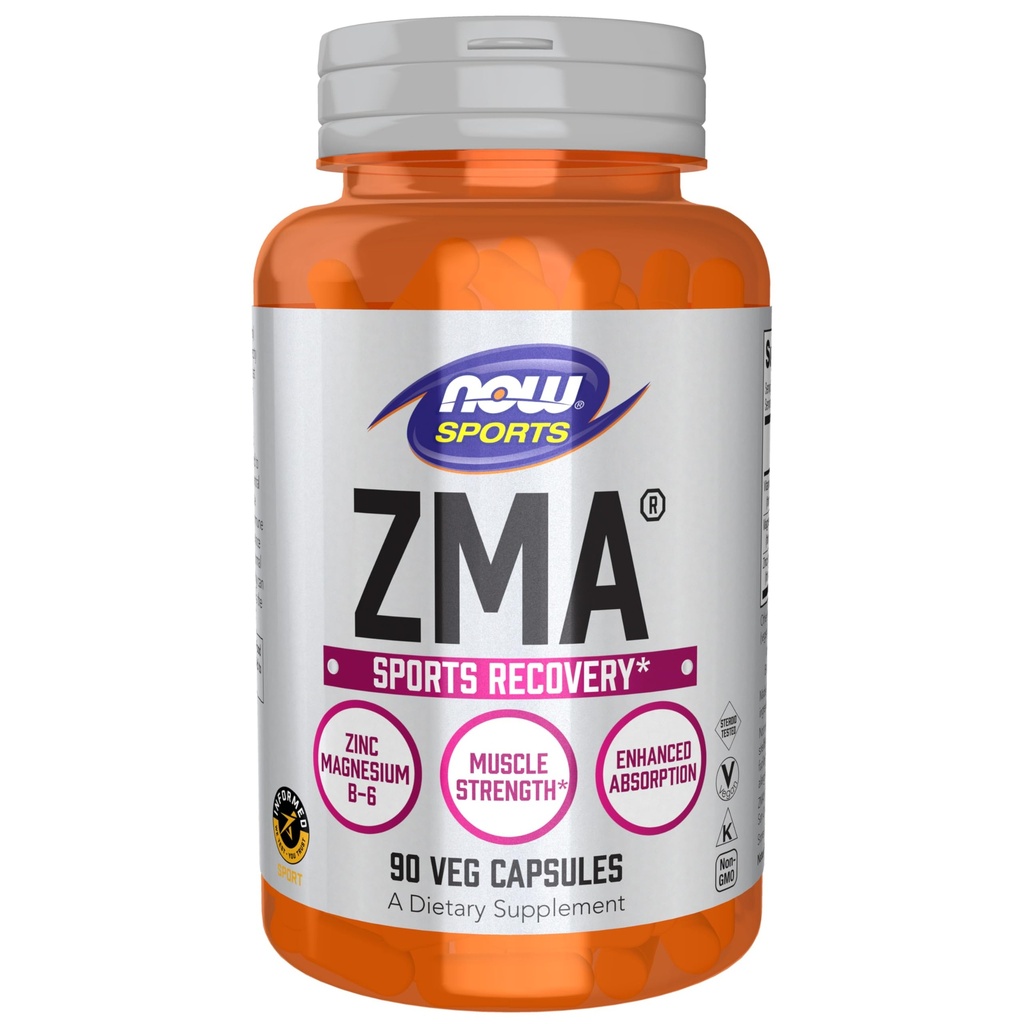 NOW Alimenti Nutrizione sportiva, ZMA (Zinc, Magnesio e Vitamina B-6), Assorbimento potenziato, Recupero Sport*, 90 capsule