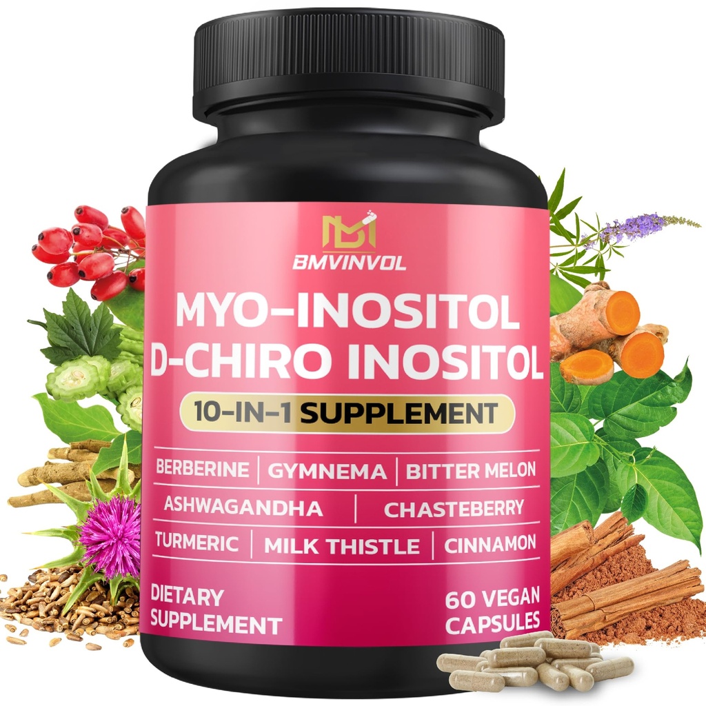 BMVINVOL Inositol Supplemento - Myo-Inositol e D-Chiro Inositol Ideale 40:1 Ratio - Plus Berberine, Cinnamon, Ashwagandha + 5 Più - 60 capsule