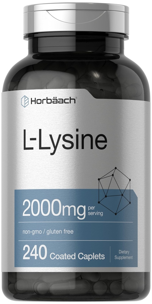 Horbäach L-Lysine Supplement 2000mg | 240 Caplets | Free Form L-Lysine Hydrochloride | Vegetariano, Non OGM, Gluten Free