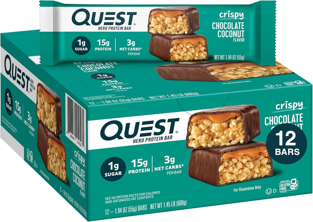 Quest Nutrition Crispy Chocolate Coconut Hero Protein Bar, 15g Protein, 1g Sugar, 3g Carbs Net, Gluten Free Protein Snack, Keto Friendly, 12 Count