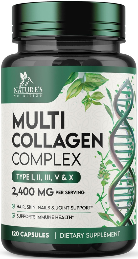 Supplemento Multi Collagen 2400 mg - Tipi idrolizzati I, II, III, V & X Multi Collagen Pills Complex, Collagen Peptides Supplements, Hair, Skin, Nail & Joint Support Supplement, Non-GMO - 120 Capsule