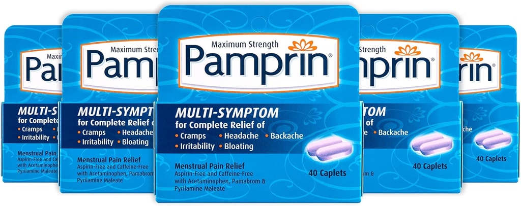 Pamprin Multi-Symptom Formula, con Acetaminophen, Sintomi di periodo mestruale Rilievo inclusi Cramps, Dolore, Irritabilità e Bloating, 40 Caplets (Pack of 5)