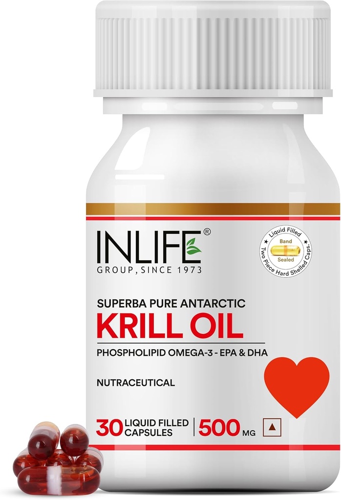 INLIFE Krill Olio Supplemento -Phospholipid Omega 3 con Astaxantina - 500 mg, 30 capsule