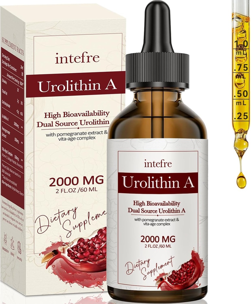 Urolitina Una gocce liquide 2000mg, Urolitina Un supplemento con estratto di melograno, Vita-Age Complex, Supporta l'invecchiamento sano e la riparazione cellulare, 60ml