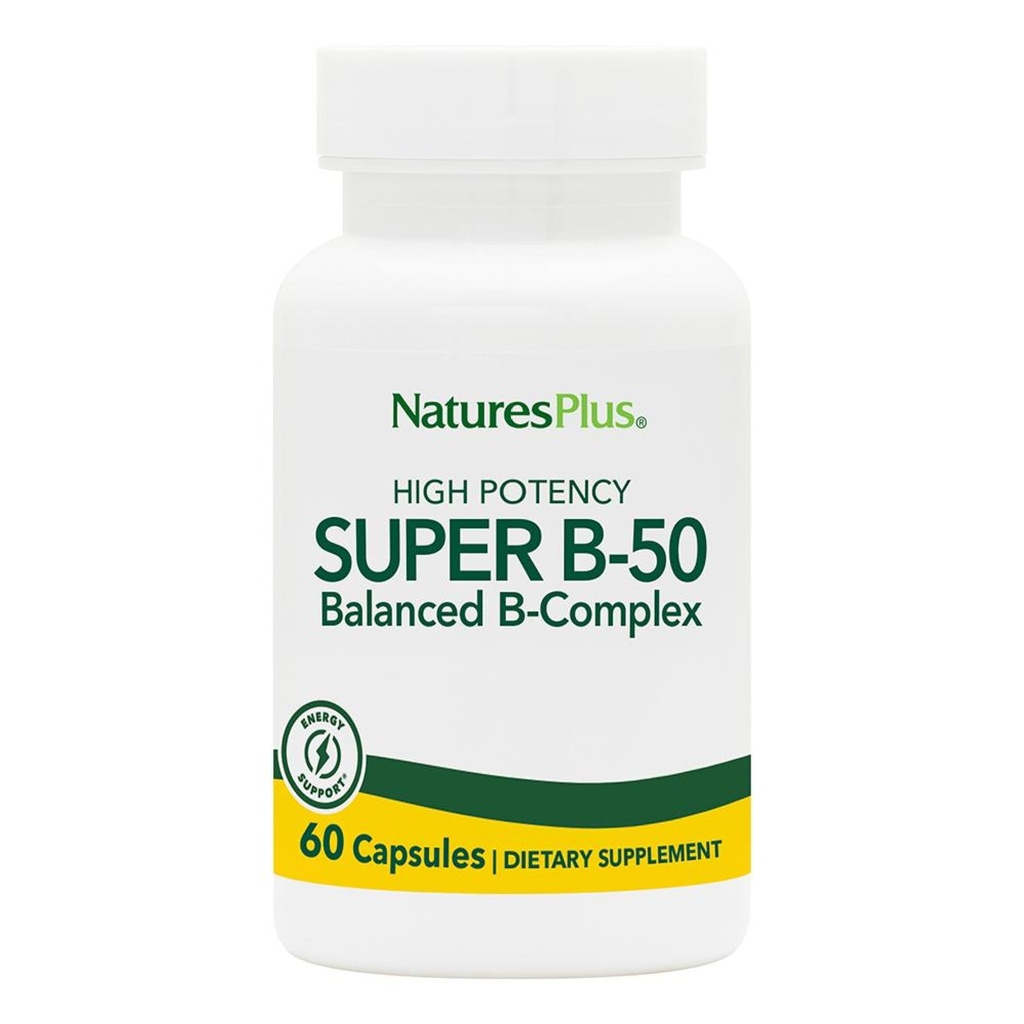 NaturesPlus Super B50-60 Capsule Vegetariani - Integratore di Vitamina Complesso ad Alta Potenza B - Booster di Cervello e Energia - Senza Glutine - 60 Serve