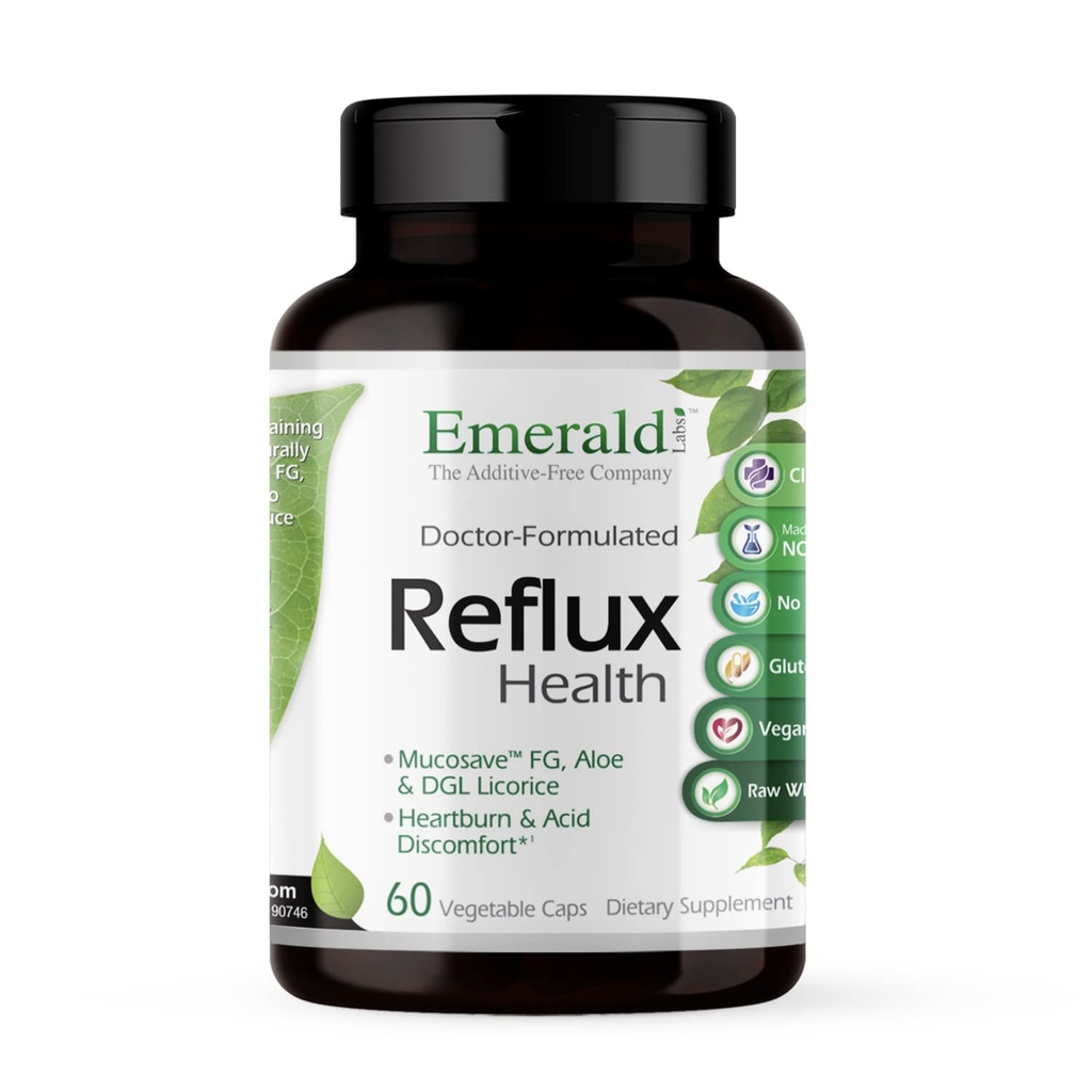 EMERALD LABS Reflux Health - Indigestion & Heartburn Relief con Mucosave FG, DGL, Aloe Vera, Probiotici, Enzimi Digestivi & More* - 60 Capsule Vegetali (30-Day Supply)