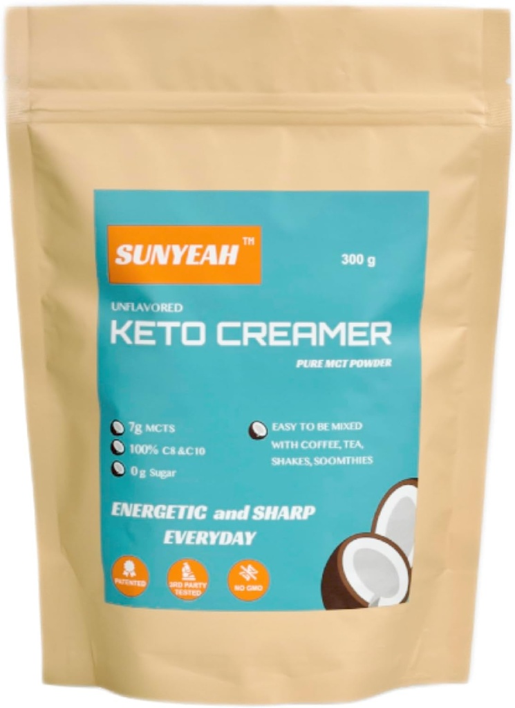 SUNYEAH MCT polvere- MCT olio polvere, KETO Coffee Creamer, Pure C8 C10, No-Sugar, Da cocco, 300 g, Eccellente in Caffè, Tè, Acqua, Shakes, Smoothies, Non infiammato, No-OGM