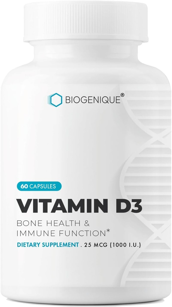 Vitamina D3 1000 IU, per ossa sane e denti, Manutenzione di buona salute, 60 capsule di vitamina D3 aiuta a prevenire la carenza di vitamina D - Grado farmaceutico, Non OGM
