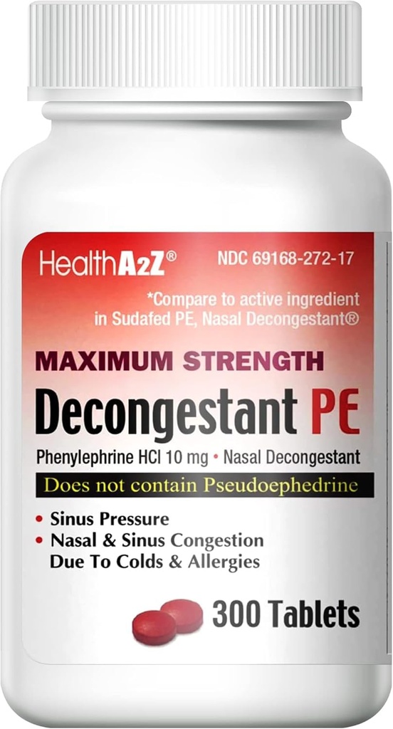 HealthA2Z® Decongestant PE | Phenylephrine HCl 10 mg | Forza massima | Rilievo di congestione nasale e seno a causa di Cold & Allergies (300 Conteggio (Pack of 1))