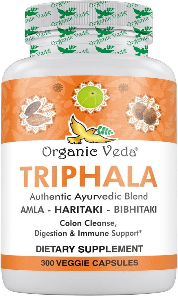 Polvere di triphala di Veda organica 300 capsule, 1000mg - Supplemento di triphala organica per la pulizia del colon, Immune, Gut & Digestion Health - Antiossidanti verde intero Amla, Haritaki & Bibhitaki - Pillole vegane