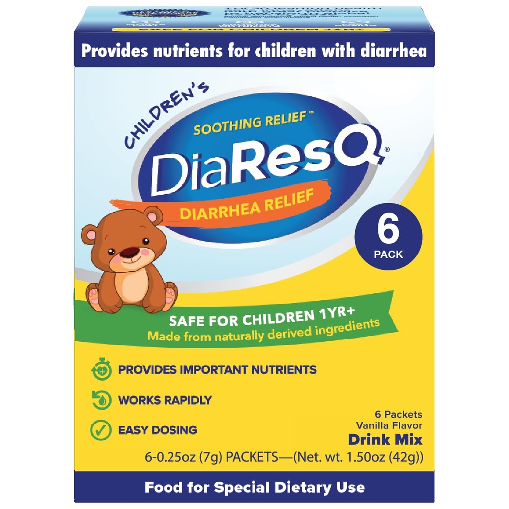 DiaResQ Diarrea & Supporto Immune Miscela di bevanda di colostrum per bambini (1+ anni) Confezione di 6, Rilievo calmante, aiuta a ripristinare la funzione intestinale normale, Antibiotici & D-Free, Gluten Free, Vanilla Flavor