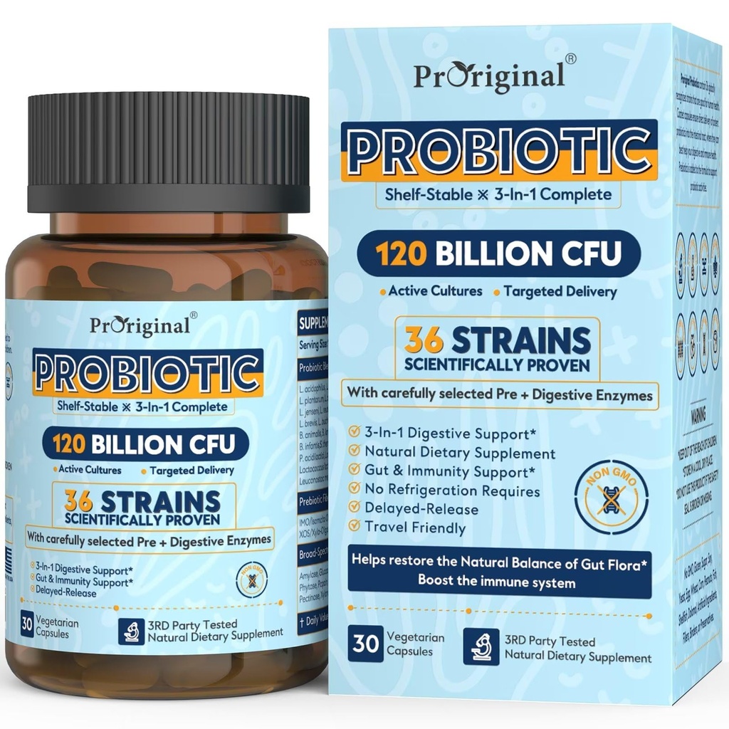 Probiotici per le donne e gli uomini 120 miliardi di CFU con 36 strati probiotici per la salute digestiva e la salute del fegato, capsule di rilascio ritardate, acido di stomach resistente, non c'è bisogno di refrigerazione 30 capsule