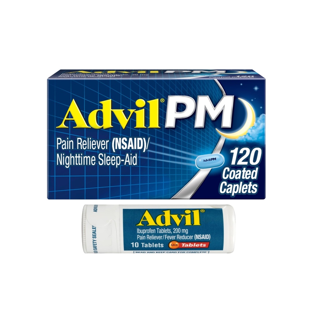 Advil PM Pain Reliever e Nighttime Sleep Aid, Ibuprofen per il sollievo dal dolore e il citrato di difenidramina per un aiuto al sonno - 120 Caplets rivestiti e Riduttore di dolore e febbre, 10 Conte Tablet