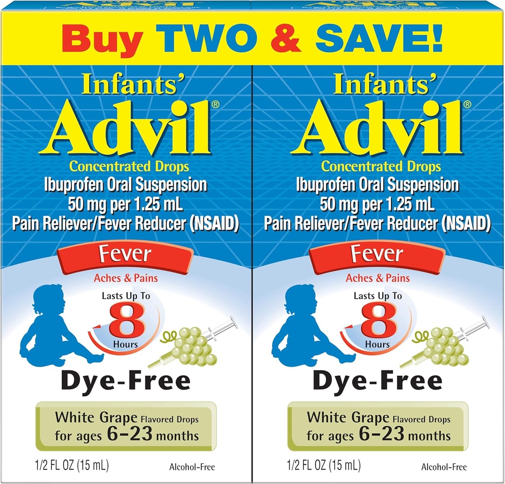Advil Infants' Fever Riduttore/Pain Reliever Dye-Free, 50mg Ibuprofen Gocce Concentrate (White Grape Flavor, 0.5 fl. oz. Bottiglia, Confezione di 2)