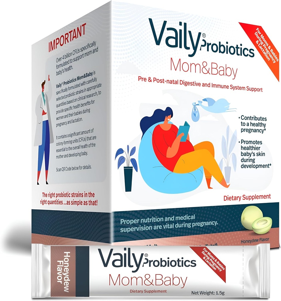 Vaily Mom & Baby Probiotics - Polvere Probiotici di Vitamine Postali e Prenatali per le donne - rafforza il sistema immunitario e la salute digestiva, la pelle del bambino sana - Prenatal Essentials, la digestione facile - 30 Sticks