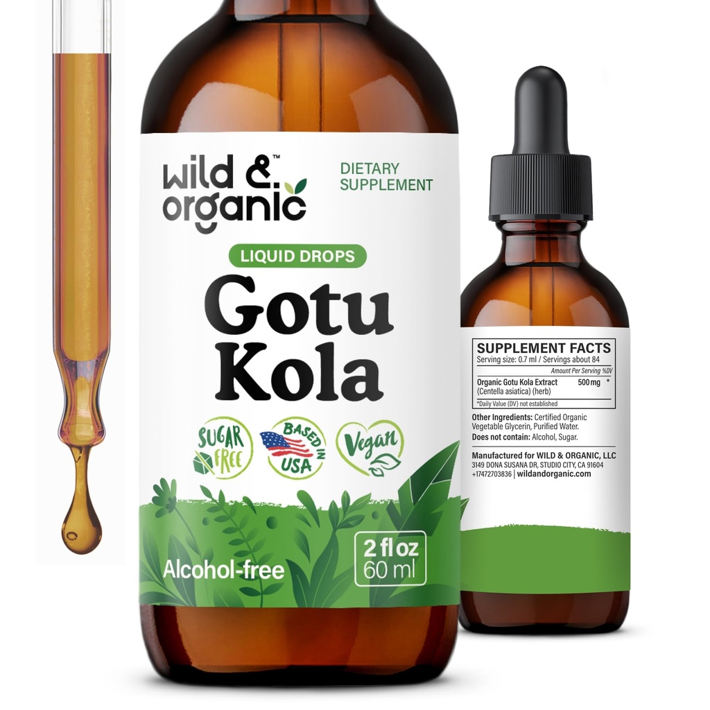 Wild & Organic Gotu Kola Herb Tincture - Supporto per il cervello - Gotu Kola Liquid Extract Drops - Vegan, Sugar & Alcohol-Free Centella Asiatica Supplement - 2 fl oz