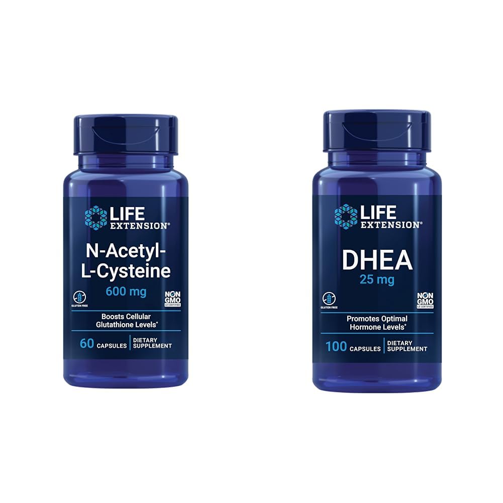 Estensione della vita N-Acetyl-L-Cysteine (NAC), Immune, Respiratory & DHEA 25 mg – Supplemento per l'equilibrio dell'ormone, Supporto immunitario, Salute sessuale, Salute Bone & Cardiovascolare