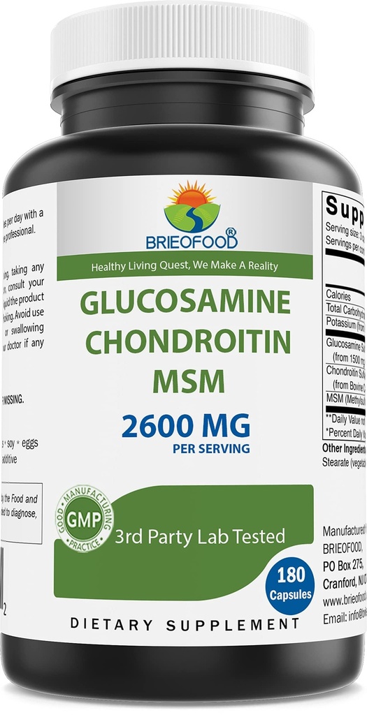 Brieofood Triple Strength Glucosamine Chondroitin MSM 2600mg/Serving Capsule, Supporta il giunto sano, il cartilage e il tessuto connettivo - Promuove il comfort congiunto & flessibilità 180 Conte
