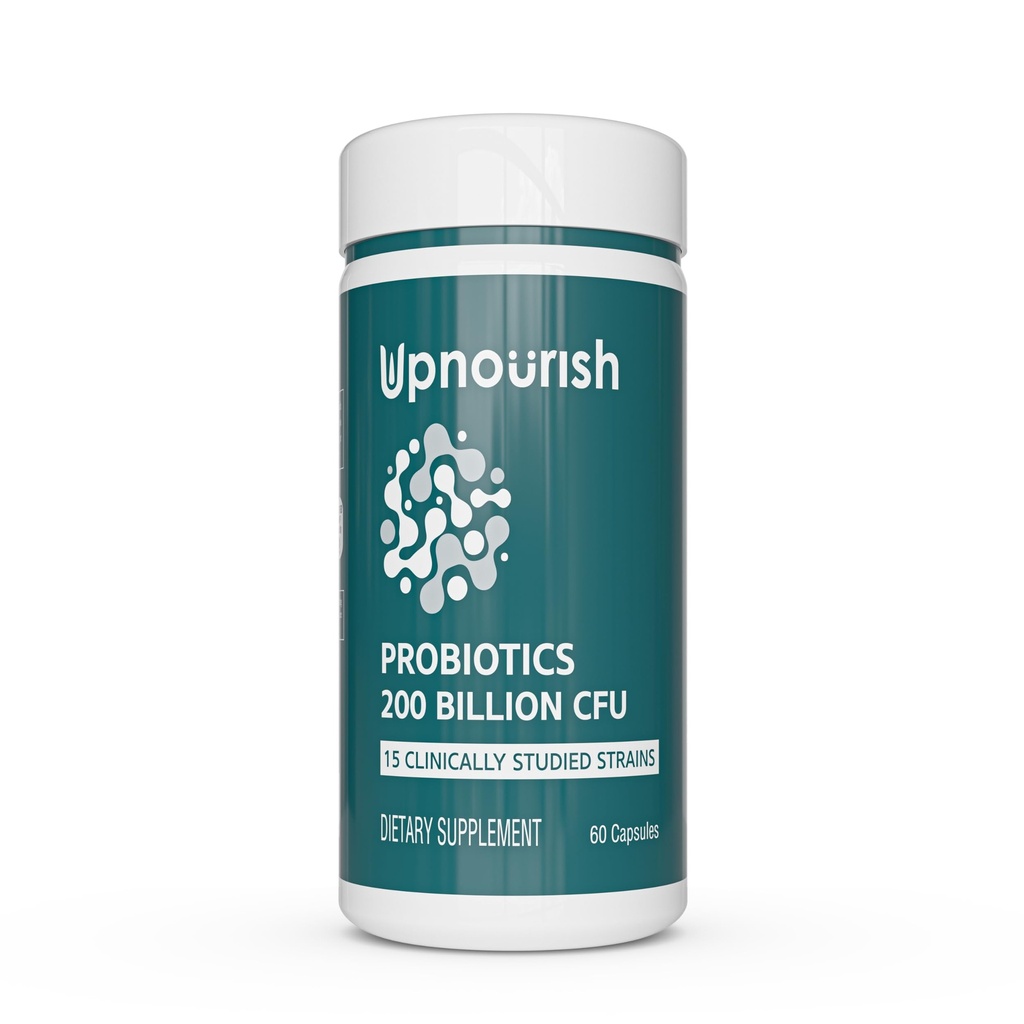 UpNourish Probiotics - 200 miliardi di CFU per uomini e donne, 15 Strains clinicamente studiati, Prebiotici e enzimi - 60 capsule vegane
