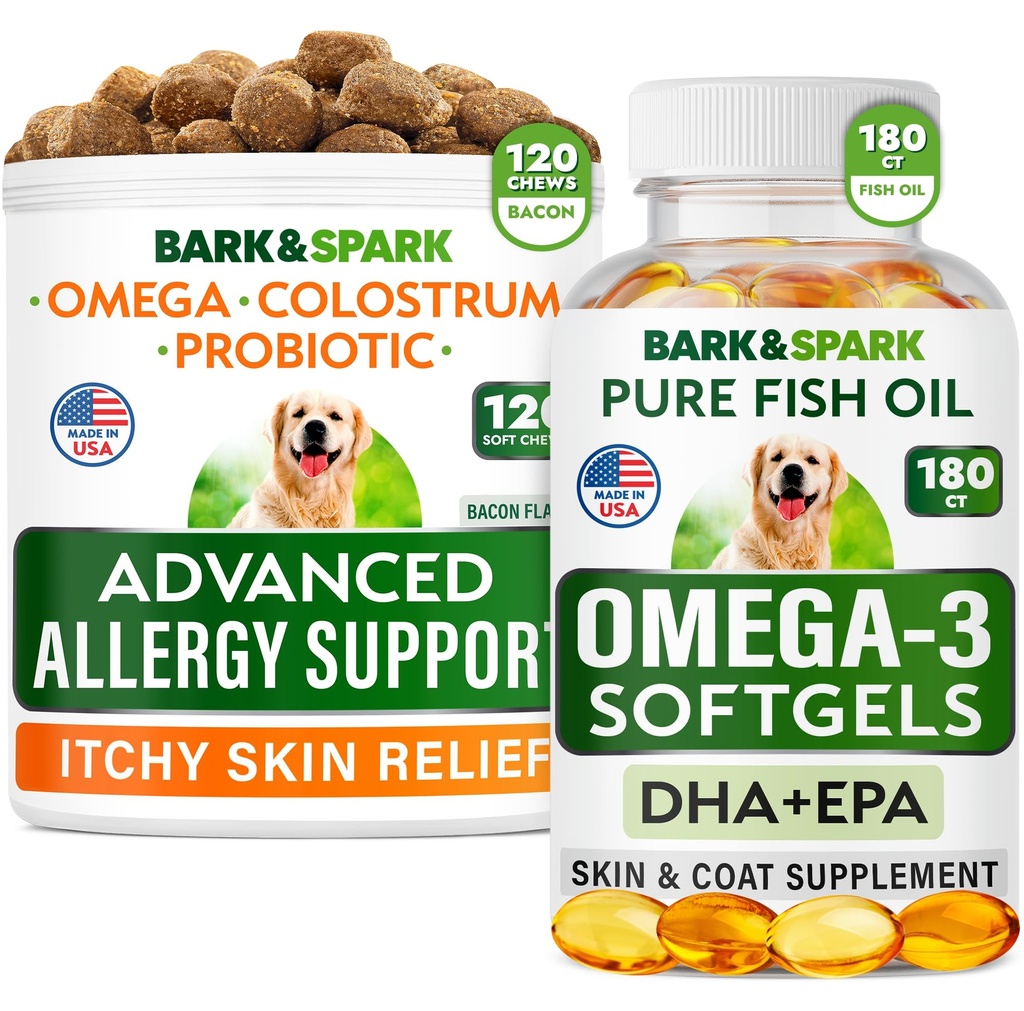Advanced Dog Allergy + Omega 3 Bundle - Itch Relief - Probiotics w/Fish Oil Omega 3 + EPA&DHA Fatty Acid - Allergie Skin + Joint Health - 120 Chews + 180 Softgels - Bacon + Fish Flavor - Made in USA