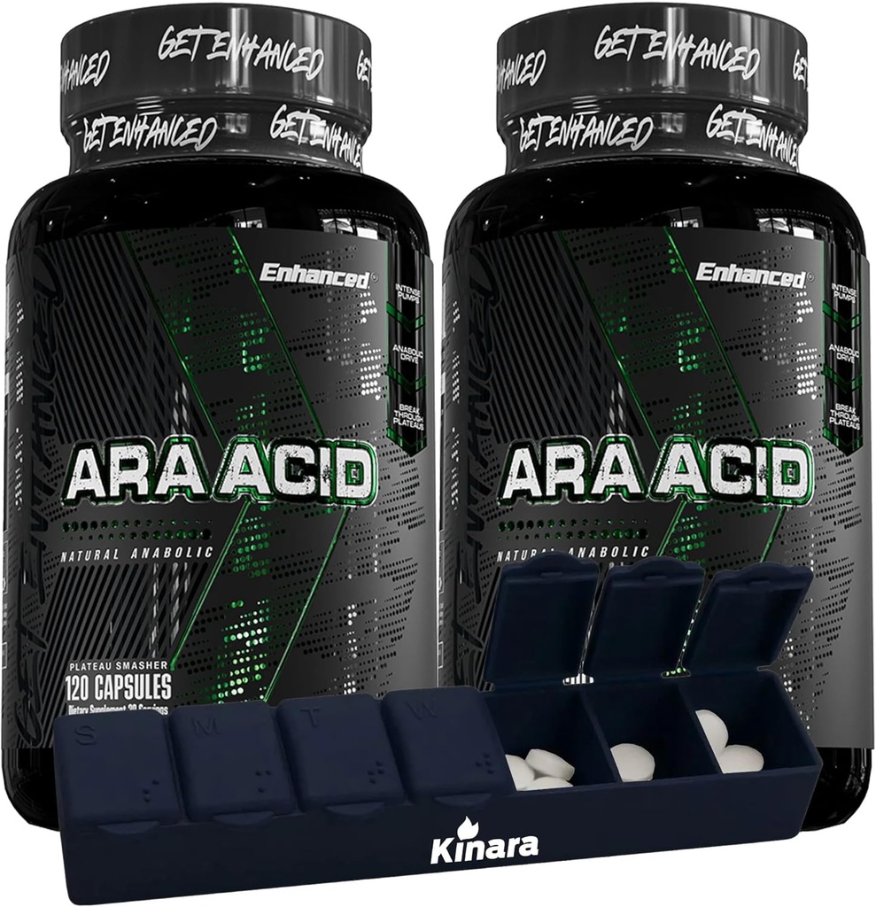 Athlete potenziato - Supplemento acido arachidonico - Supplemento muscolare e resistenza per aumento della massa muscolare & recupero migliorato per gli uomini e le donne (120 capsule) - 2 Pack con l'organizzatore di pillole Kinara