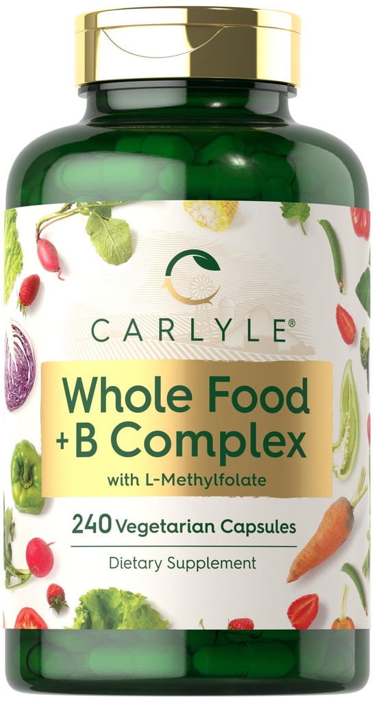 Carlyle Vitamina B Complex Whole Foods Blend | 240 capsule | Multivitaminico giornaliero per gli uomini e le donne | con B1, B2, B6, B12, Folate, Niacin e L-metilfolato | Non OGM & Integratore Vegetariano
